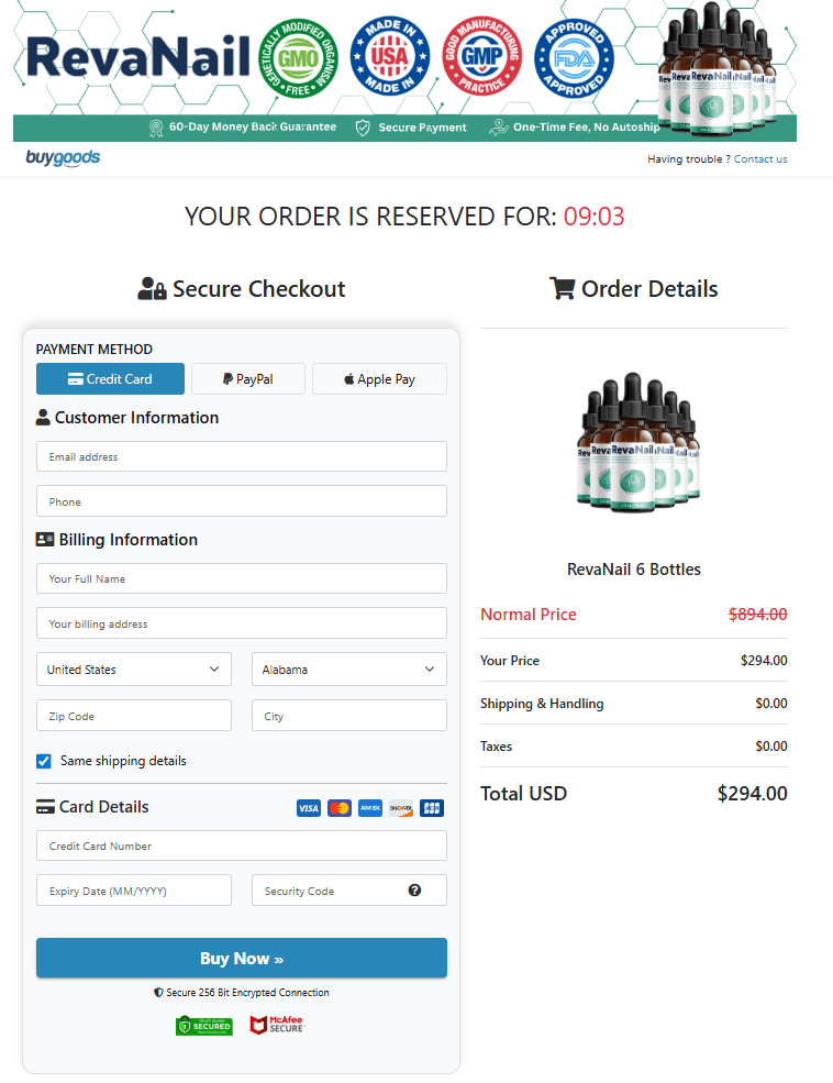RevaNail order checkout page